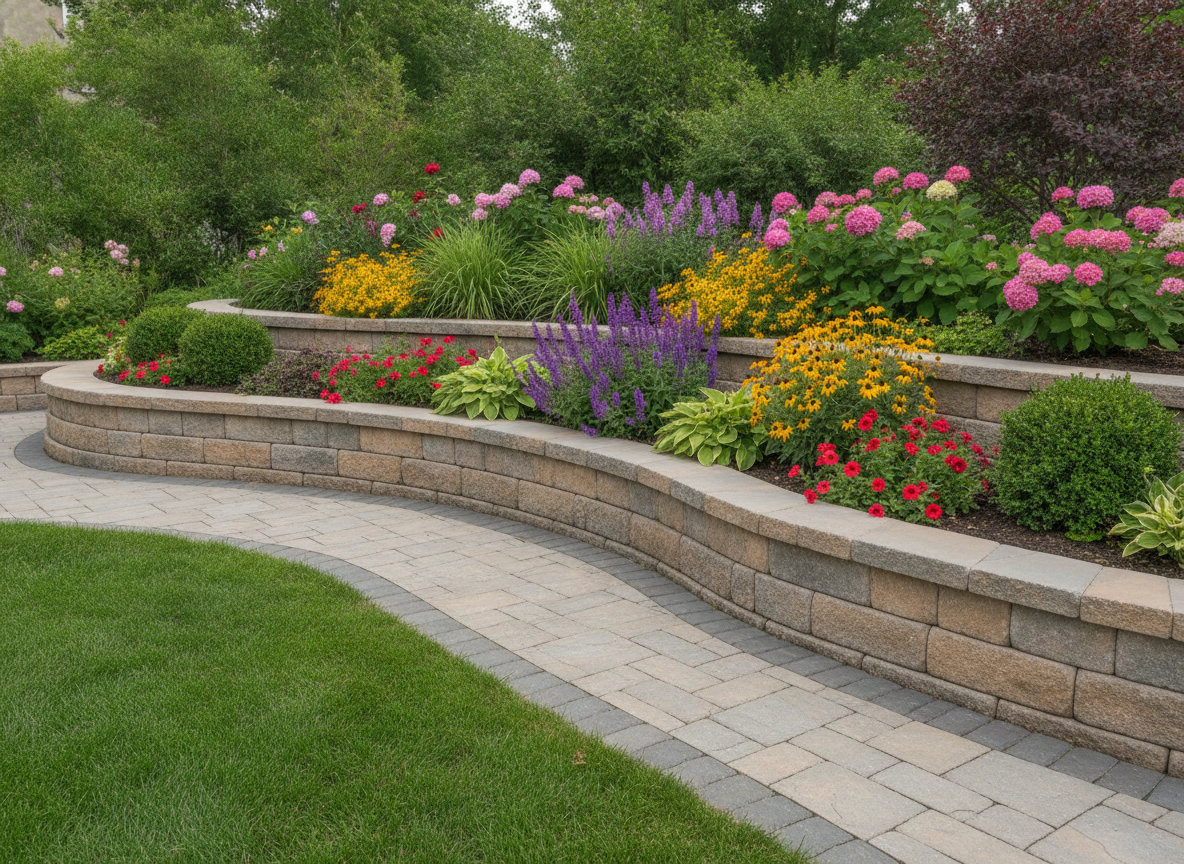 Curved retaining wall with garden beds